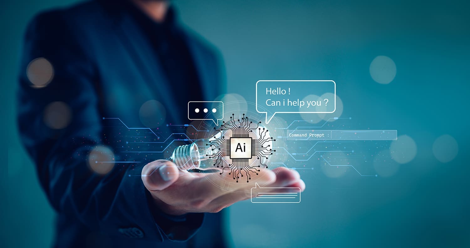 A man with his hand out and a digital overlay of an AI chatbot in his palm.